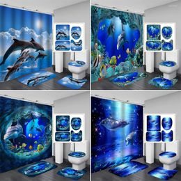 Shower Curtains 3D Printing Ocean Sea Dolphin Blue Waterproof Fabric Curtain Bathroom Set Anti-skid Rug Toilet Lid Cover Bath Mat