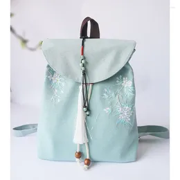 School Bags 2024 Women's Canvas Embroidered Flower Backpack With Tassel Casual Bundle Girls