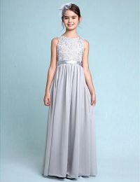 Dresses Bateau Aline Floorlength Chiffon Lace Junior Bridesmaid Dress For Kids Wedding Girls Christmas Dresses