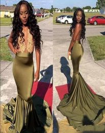 African Prom Dresses For Black Girl Sexy Open Back Lace Appliqued Ruched Mermaid Evening Gowns s6993787