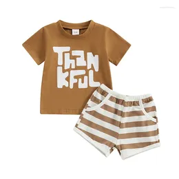 Clothing Sets Toddler Boys Summer Outfits Letter Print Short Sleeve T-Shirts Tops And Elastic Waist Stripe Shorts 2Pcs Clothes Set