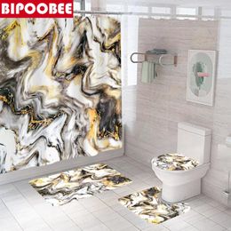 Shower Curtains Marble Print Curtain 3D Waterproof Fabric Bathroom Stone Pattern Bath Mats Rug Lid Toilet Cover Non-slip Carpet