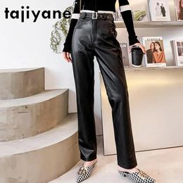 Women's Pants Tajiyane Genuine Leather Trousers Autumn Winter High Waist Sheepskin Casual Straight FCY179