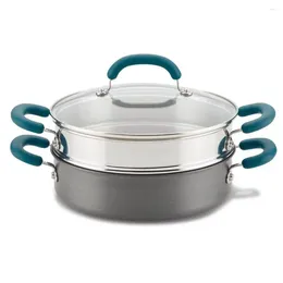 Double Boilers 3qt Anodized Saute Pan Steamer Set 9X Nonstick Titanium Safe 400°F - Durable Firm Grip Induction Compatible Easy Cleanup