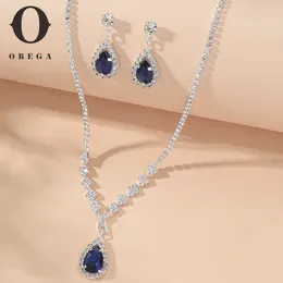 Necklace Earrings Set Obega 2 Pcs Blue Crystal Stone Denpent Earring With Dazzling Cubic Zircon Romantic Daily Wear Jewelry Girl Gift