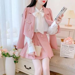 Work Dresses Elegant Celebrity Lace Up Shirt Suit Jacket Pleated Skirt Three Piece Set Women Asymmetric Pink Fashion Solid Fall Versatile