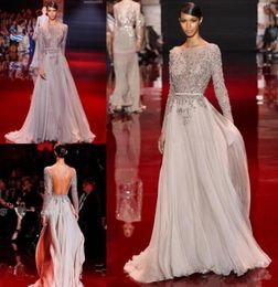 Elie Saab chiffon flow A line evening dresses sequins beading long sleeves bateau sweep train formal backless prom party gowns4419787