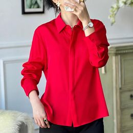 Women's Blouses 19 Momme Real Silk Red Shirt Spring Summer Elegant Shirts For Women Long Sleeve Tops Office Lady Solid Blouse