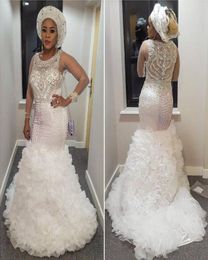 Sparkle Mermaid Evening Dresses Sheer Neck Long Sleeves Beading Tiered Tulle Plus Size Prom Dresses Bling White Aso Ebi Evening Go3332120