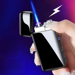 Creative Metal 2-in-1 Loud Voice Dual Arc USB Charging Lighter Visual LED Without Gas Window Windproof Jet Blue Flame Butane Without Gas Lighter