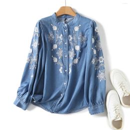 Women's Blouses Bohemian Denim Shirts And For Women Ethnic Floral Embroidery Blouse Jean Tops Youthful Woman Clothes