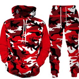 Men Camouflage Printing Hoodies Set Fashion Tracksuit 2 Pieces Sweatshirt Sweatpants Suit Casual Clothing Male Autumn Outfit 240326