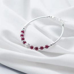 Bangles Wine Red Natural Garnet Beads Sterling Sier Strand Bracelets for Girls Women's Bracelets Fine Jewelry Accessories Ybr209