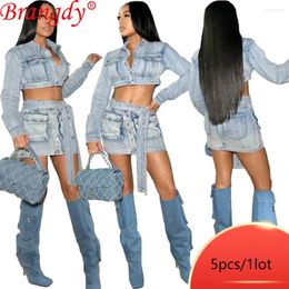 Work Dresses 5pcs Bulk Items Wholesale Sexy Washed Denim Lace Up Stereoscopic Pocket Dress Sets For Women Summer Fashion Skirt Suit B13267