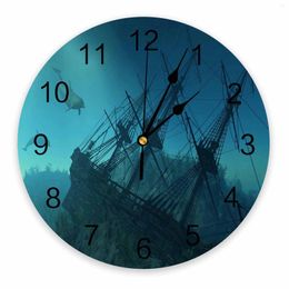 Wall Clocks Sinking Ship Underwater Dolphin Decorative Round Clock Custom Design Non Ticking Silent Bedrooms Large