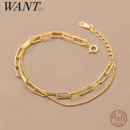 Bangles Wantme Sterling Sier Punk Double Oval Interlocking Beads Gothic Charm Bracelet for Women Fashion Simple Link Chain Jewellery