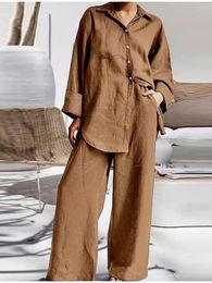 Women Cotton Linen Chic 2 Piece Set Casual Lapel Single Breasted And Wide Leg Pants Sets 2023 Summer Loose Female Vacation Suits 240326