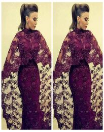 Elegant Burgundy Lace Dresses Evening Wear High Neck Appliques Formal Occasion Dress Muslim Arabic Celebrity Prom Party Gowns5895091
