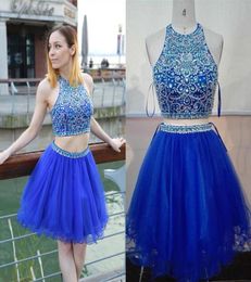 Royal Blue Two Piece Homecoming Dresses Jewel Neck Sleeveless Beaded Crystal Tulle Summer Beach Party Dresses Short Graduation Pro9080018