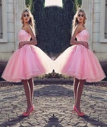 TuTu Pink KneeLength Prom Dress Stylish Strapless Beaded Lace Appliques Pretty Cocktail Party Dress Puffy Tulle Short Lovely Even9220113