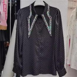 Women's Blouses Bead Shirt For Pointed Neck Slimming Autumn Long Sleeved Cardigan