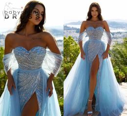Stunning Light Sky Blue Sequined Evening Dresses With Detachable Tulle Skirt Sexy High Split Mermaid Off Shoulder Arabic Dubai Lux3915146