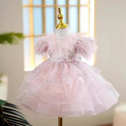 Girl Dresses Luxury Sequined Feather Decorated Baby Girls Applique Birthday Party Princess Flower Dress Knee Length Wedding Ball Gown