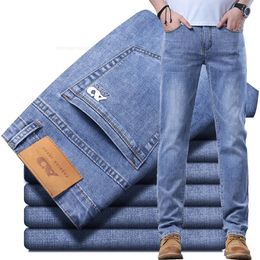 Spring and Summer Thin Mens Light Blue Slim Jeans Stylish Casual Stretch Fabric Denim Pants Classic Trousers Smoke Gray 240403
