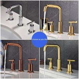 Bathroom Sink Faucets Basin Brass Polished Gold Deck Mounted 3 Hole Double Handle And Cold Water Tap Widespread