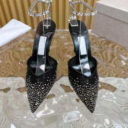 Sandals Summer Designer Women Black Leather Mesh Crystal Strappy Pointy Toe High Heel Shoes For Party Slingback Muler