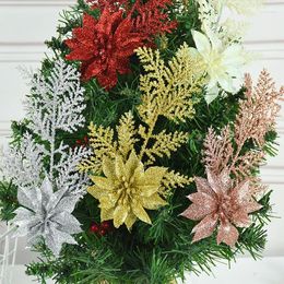 Party Decoration 1/2pcs Christmas Flower Glitter Artificial Xmas Tree Decor Branch Poinsettia Pine Leaf