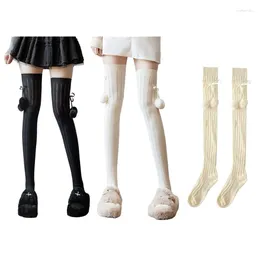 Women Socks Autumn Winter Rib Knitted Over Knee Boot Plush Bowknot Striped Long Thigh Leg Warmer Stockings