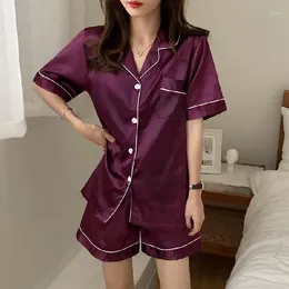 Home Clothing Summer Lingerie Casual Shirt&shorts Suit Lounge Wear Lapel Sleepwear Women Satin Pajamas 2Pieces Pjs Set Button-Down Nightwear