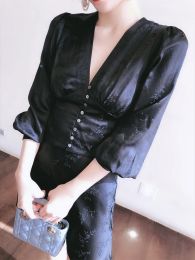 Ladies Long Sleeve V Neck Top With Button Closure - Women Fashion Mini Skirt - Latest 3D Jacquard Silk Satin Black 2 Piece Sets