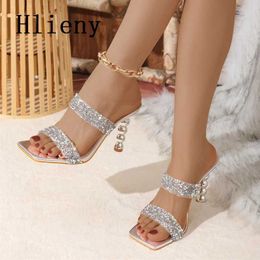 Dress Shoes Liyke Silver Strange High Heels Modern Slippers Sequined PVC Transparent Women Slides Fashion Square Toe Summer Sandals H240403