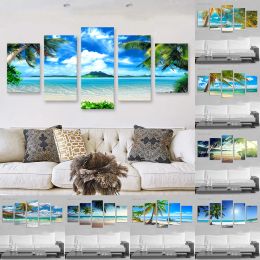 5 Panel Nature Tropical Beach with Palm Trees Canvas Painting Seascape Ocean Landscape Pictures for Living Room Home Decor