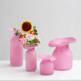 Vases Glass Vase Pink Matte Open Flower Flowerpot Floral Accessories Terrarium Hydroponics Bottle Home Decoration