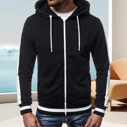 Men's Hoodies Men Hoodie Coat Contrast Colour Splicing Stripe With Drawstring Pockets Fleece Lining Slim Fit For Winter