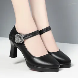 Dress Shoes Women's Pumps Pointed Toe Office Soft Leather Flower Buckle Strap Platform High Heels Four Season Shallow Mouth Single