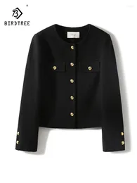 Women's Jackets Birdtree 24.1%Wool Modern Elegant Coat Black Gold Button Warm Small Fragrant Office Lady Short Autumn Winter C3N590QC