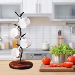 Kitchen Storage Mug Tree Holder Coffee Station Organiser Countertop Metal Water Cup Rack With Wooden Base Tea For 4