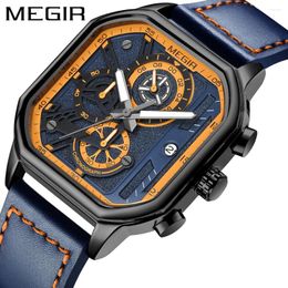 Wristwatches MEGIR Square Dial Watch Men Waterproof Chronograph Military Male Clock Top Leather Auto Date Man Sport Wristwatch