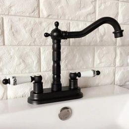 Bathroom Sink Faucets Black Oil Rubbed Bronze 4" Centerset Faucet Swivel Basin Mixer Tap Dual Ceramic Handles Levers Mhg070