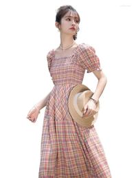 Party Dresses Summer Women's Puff Sleeve Long Dress Fashion Cotton Linen Plaid Print Elegant Sweet Dating Lace Up Evening