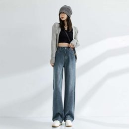 High waisted wide leg denim jeans for women in spring and autumn 2024 new loose fitting and slim looking straight leg denim jeans for winter