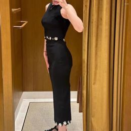 Work Dresses Sequin Flowers Women Black Knit Suit O-neck Sleeveless Short Sweater Vest Or High Waist Midi Skirt Lady Elegant Set