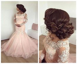 Vintage Light Pink Mermaid Arabic Formal Evening Dresses 2018 Lace Appliques Long Sleeves Women Plus Size Prom Party Gown2627480