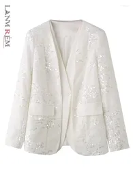 Women's Suits LANMREM Fashion Sequins White Blazer For Women V Neck Patchwork Design Single Button Coat Office Lady 2024 Clothing 32C806