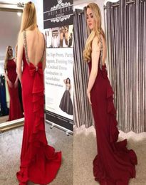 Sexy Open Back Vestidos De Festa with Bow Beaded Scoop Neck Sleeveless Prom Dresses Long Sweep Ruffles Mermaid Evening Gowns6169851