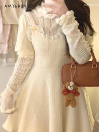 Casual Dresses Preppy Style Cute Bow Lace Stitching Sleeveless Woollen Dress For Women Japanese Kawaii Slim Mini Y2K Sexy White